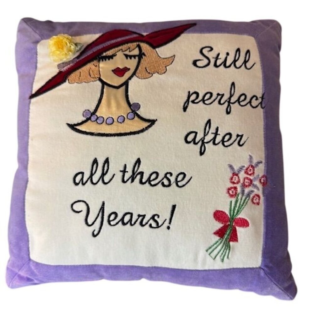 Decorative Throw Pillow With Embroidered Lady Design & Text